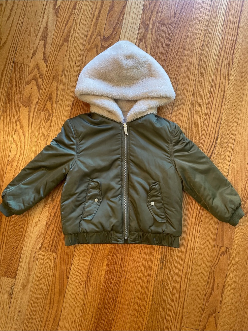Kids Olive Green Hooded Bomber Jacket with Cream Sherpa Lining